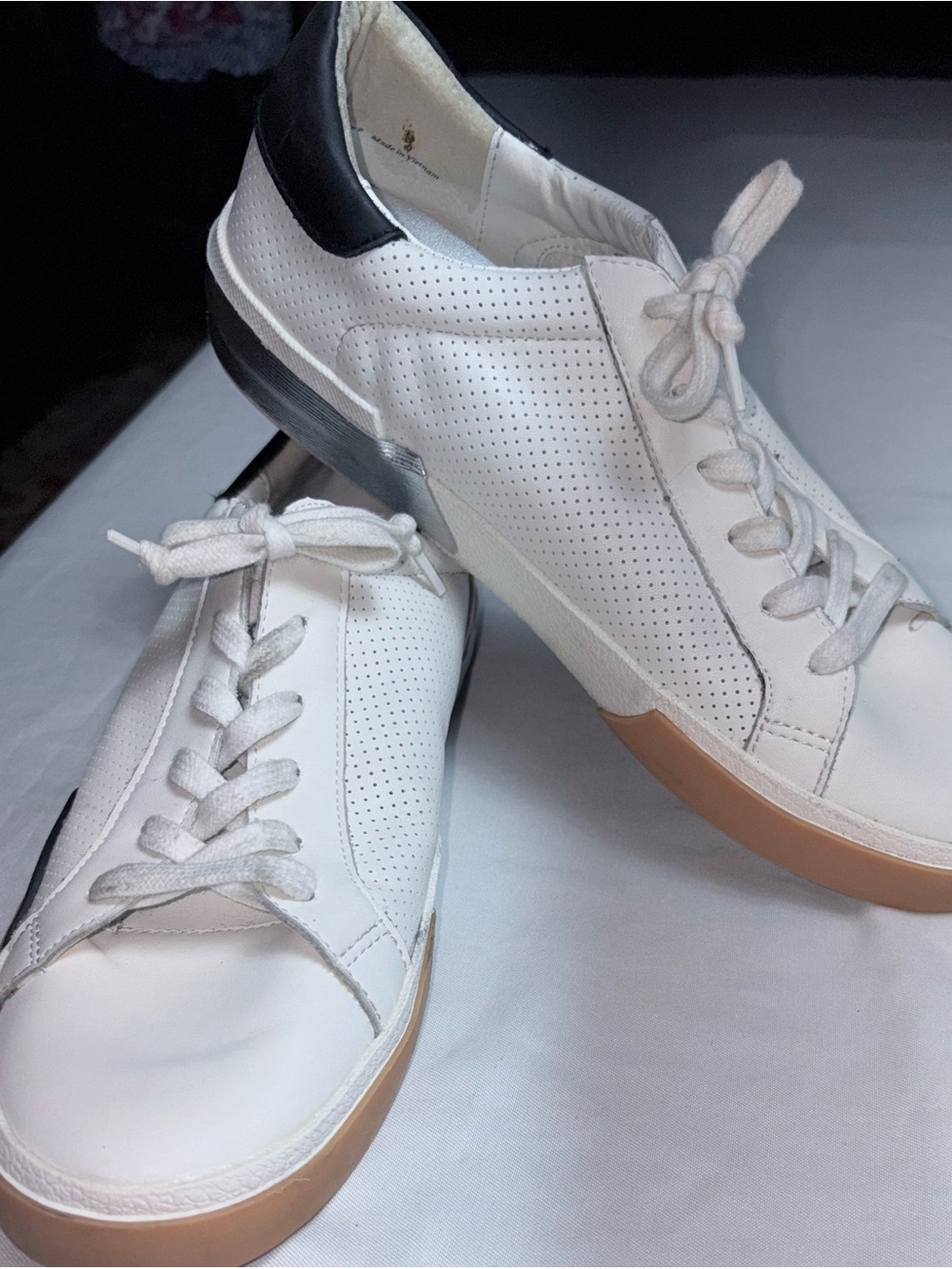 Dolce Vita White Leather Sneakers with Black Heel and Gum Sole